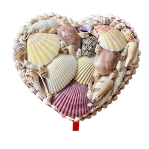 Trinket Jewelry Box Shell Covered Wooden Box Heart Shaped Handmade Beach House Coastal Decor