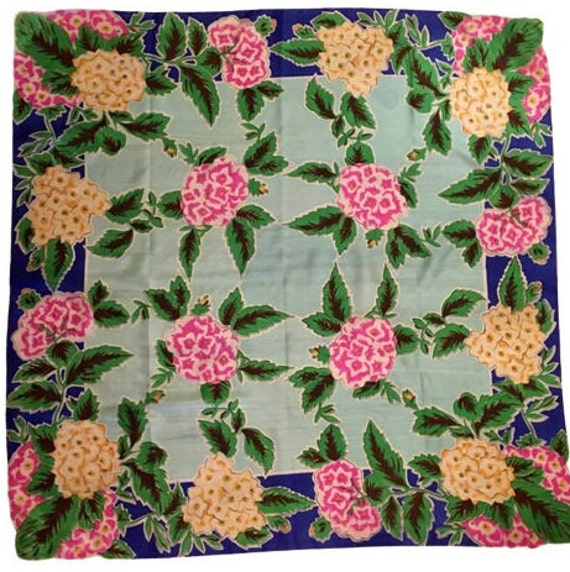 Scarf Silk Bold Color Floral Hydrageas Vintage 40… - image 1