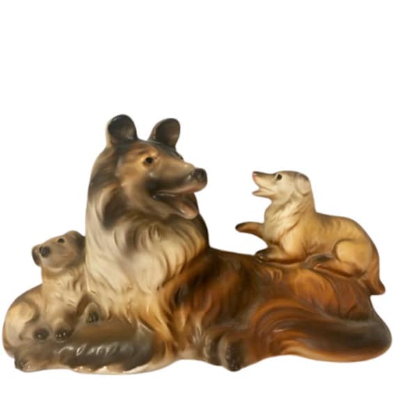 コリー犬の置物 母犬と2匹の子犬 ヴィンテージ セラミック ラッシー