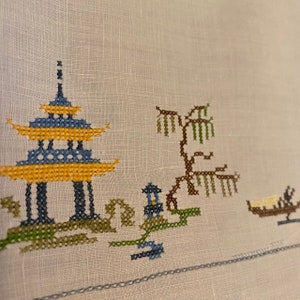 Dresser Scarves Table Runners Set of Four Antique 1920s Hand Embroidered Tiny Cross Stitch Pagodas Nature Scenes Fine Linen