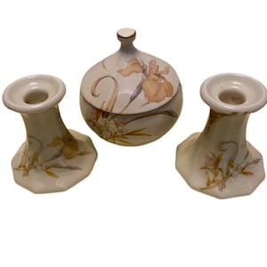Toyo Japanese Porcelain Set Two Candlesticks Covered Bowl French Orchid Pattern Vintage 1980s