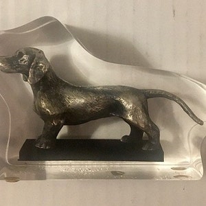 Dachshund Paperweight Figurine Unique Canada Pewter Encased in Lucite  1970s