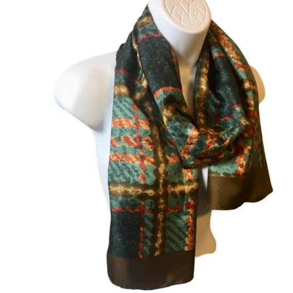 Scarf Plaid Silk Echo Oblong Teal Olive Orange Ha… - image 1