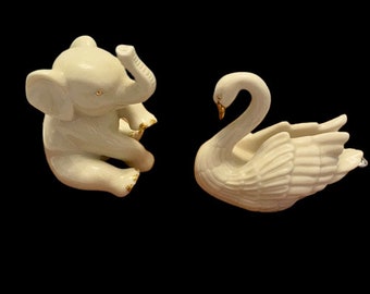 Two Lennox Figurines Baby Elephant and Swan Ivory Porcelain Hand Crafted Gold Accents Vintage 1980s
