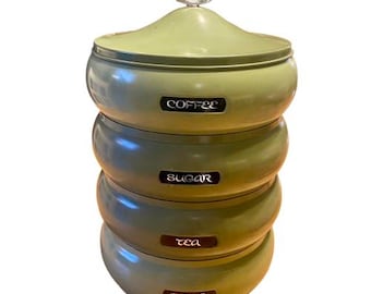 Juego de cuatro botes apilables Liberty Beautyware, color verde aguacate, estilo mediados de siglo.