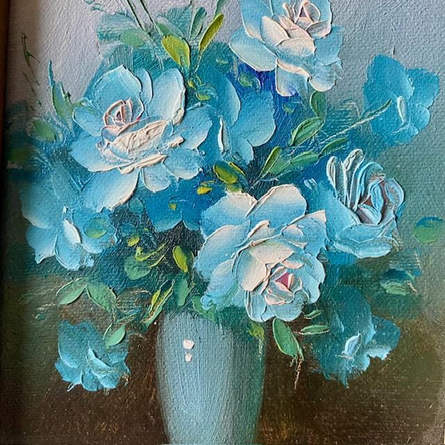 オリジナルアクリル画「バラの花の静物画」青の色合いとサイン入り額
