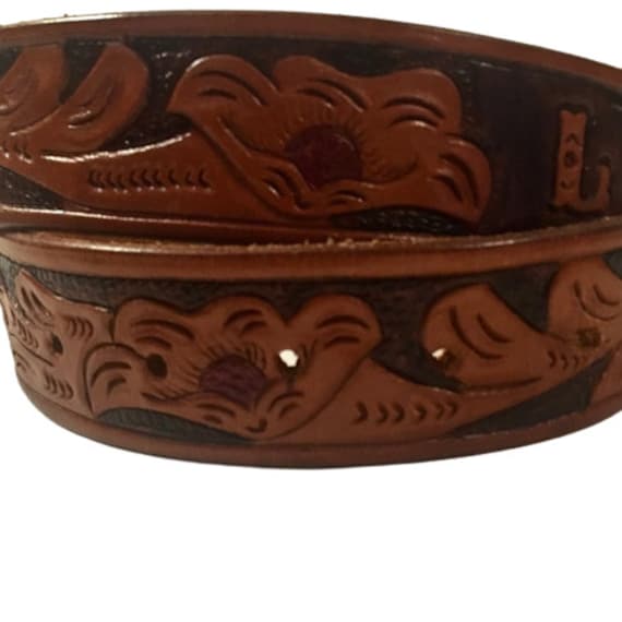 Belt Hand Tooled Leather Lily Design Vintage 70s Pers… - Gem