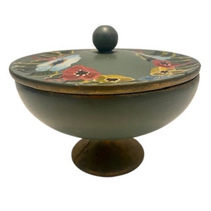 Wooden Trinket Bowl Dish Hand Painted Folk Art Tole Floral Covered Bowl Footed Vintage 1970s