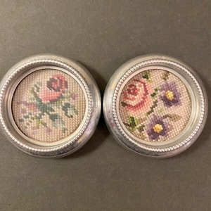 Metal Coasters Set of Two Needlepoint Centers Under Glass Trinket Dish Vintage 80s