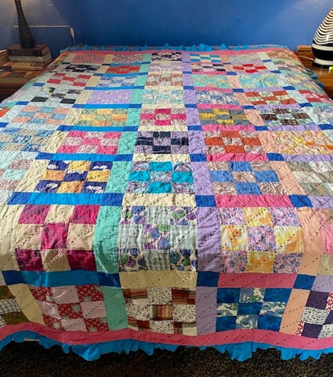 Patchwork Quilt Scrappy Vintage Fabrics Hand Sewn Every Color Pattern ...