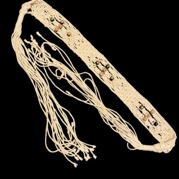 Macrame Belt Handmade Vintage 1970s Wooden Beads F