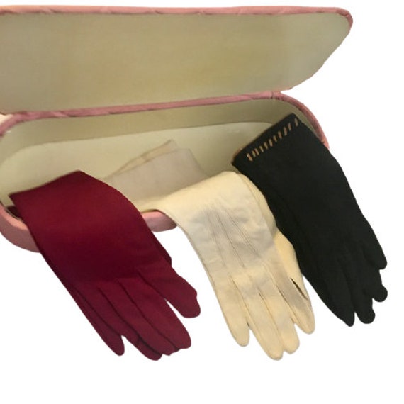 Vintage Bogene Glove Box Pink Satin Three Pair Gl… - image 1