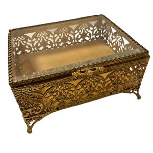Ormolu Jewelry Casket Box Clear Beveled Glass Hinged Lid Footed Filigree Trinket Dresser Box Hinged Lid Vintage 1960s Fancy