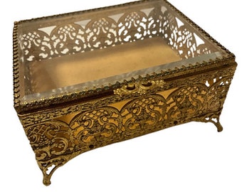 Ormolu Jewelry Casket Box Clear Beveled Glass Hinged Lid Footed Filigree Trinket Dresser Box Hinged Lid Vintage 1960s Fancy