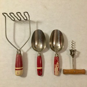 Kitchen Tools Red Wooden Handles Use or Decor Four Vintage
