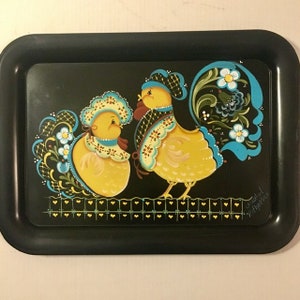 Metal Tray Hand Painted Chickens Vintage Folk Art Tole Painted Signed by Artist Decorative Farmhouse