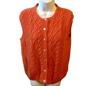 Sweater Vest Handmade Cable Knit Orange Button Front Ribbed Details Medium