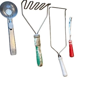 Kitchen Utensils Lot of Four Vintage Pieces Use or Decor Wooden Handles