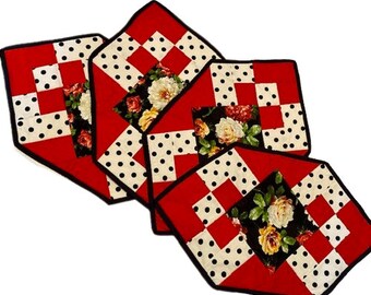 Quilted Placemats Handmade Set of Four Plus Two Matching Trivets Hot Pads Wine Bottle Coasters Roses Polka Dots