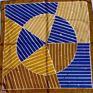 Vera Neumann Scarf Vintage 1970s Tan Brown Blue Made in Japan Hand Rolled Hems Square
