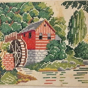 Cross Stitch Finished Vintage  Country Mill Scene Bright Color 1970s Ready to Frame Farmhouse