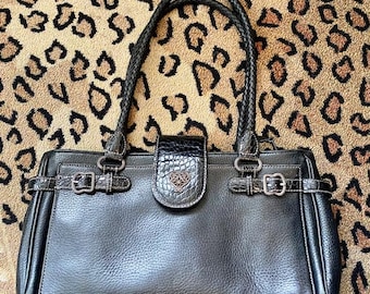 Brighton Y2K Satchel Style Bag Black Pebbled Leather Croc Embossed Details