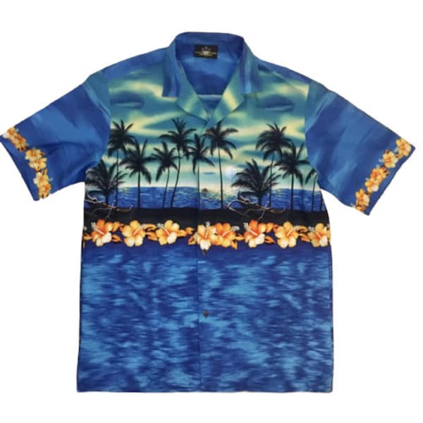 Shirt Royal Creations Vintage 1980's Hawaiian Shirt Blue Tropical Scene Hibiscus Large