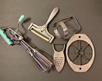 Kitchen Utensils Set of Five Tools Various Vintage Decades Mixer Apple Slicer Peeler Grater Cheese Slicer Use or Display