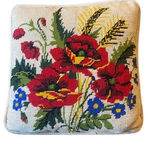 Nålspetsad kudde vallmo ull blommig färgglad handgjord vintage
