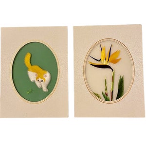 Chinese Double-Sided Silk Embroidery Pieces Set of Two Cat with Grasshopper Bird of Paradise Frameable Gallery Wall