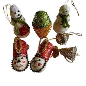 Fancy Fun Christmas Ornaments Lot of Seven Snowman Toy Soldiers Vintage 1970s Handmade Sparkly Holiday Decor Christmas Tree