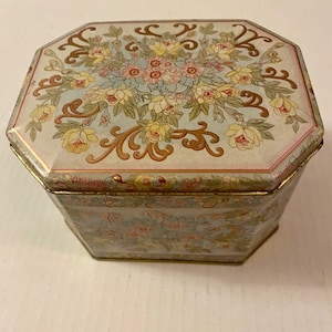 Meister Octagonal Tin Pastel Florals Gold Vintage 80s Made in Brazil