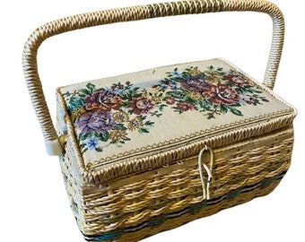 Sewing Basket Wicker Tapestry Floral Fabric Hinged Lid Decorative Storage Vintage 1970s