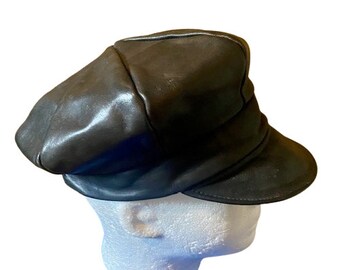 Black Leather Biker Newsboy Cap Hat Eight Panels Marlon Brando Style