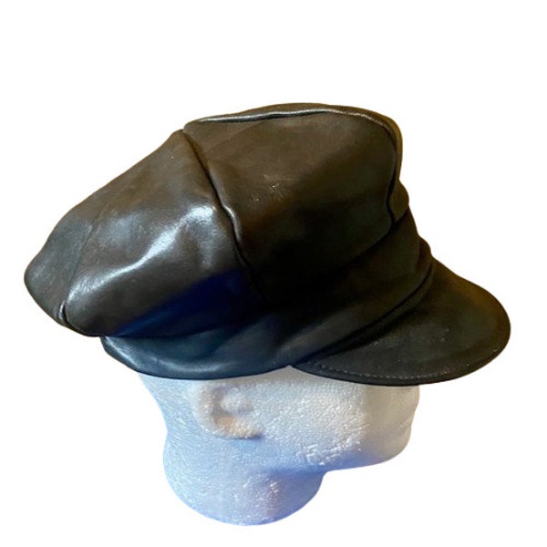 Black Leather Biker Newsboy Cap Hat Eight Panels Marlon Brando Style