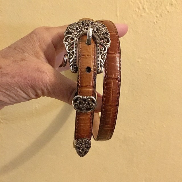 Brighton Leather Belt 90s Brown Croc Embossed Western 32 M L 