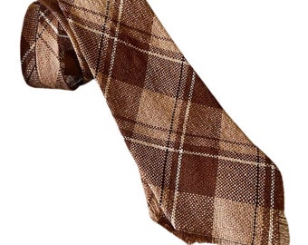 Wool Necktie Hand Loomed by Native American Indians Brown Beige Plaid Vintage 1960s