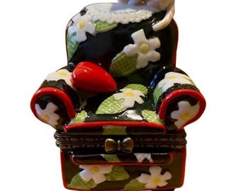 Snuisterijdoos Mary Engelbreit keramische stoel met scharnierend deksel Kitty Cat Vintage jaren 90 Enesco