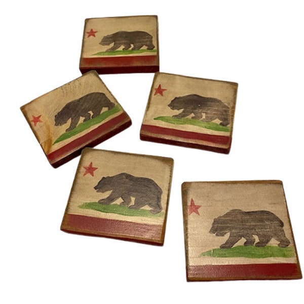 Wooden Coasters Handmade California Flag Grizzly Bear Flag Stencilled Set of Five Bar Ware Decorative