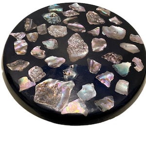 Abalone Resin Trivet Black Vintage 1970s Round Shells Hot Plate Acrylic