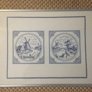 Petit Point Needlepoint Holland Delft Blue White Vintage Windmills Gallery Wall Framed
