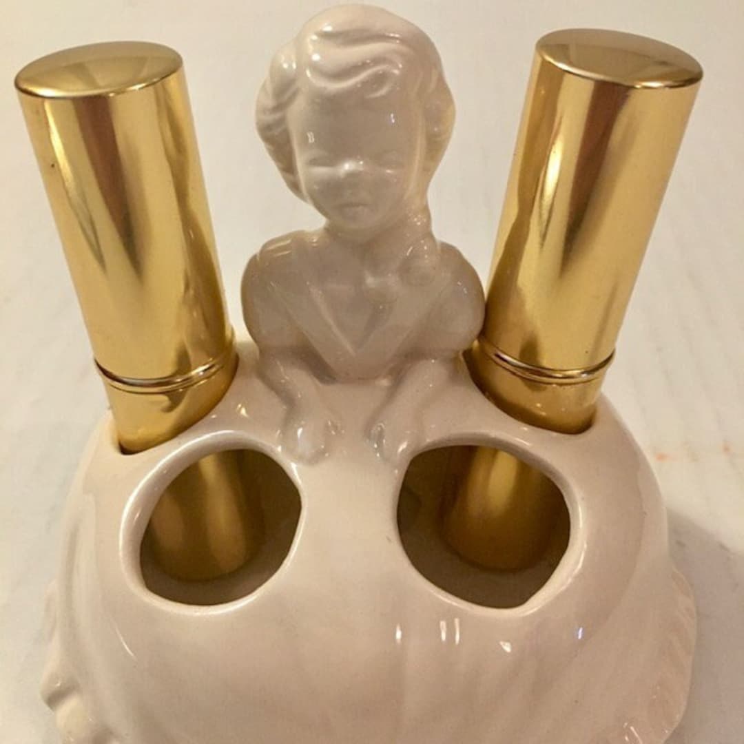 Ceramic Lipstick Holder Vintage Mid Century Creamy Ivory Holds Four Lipsticks Etsy