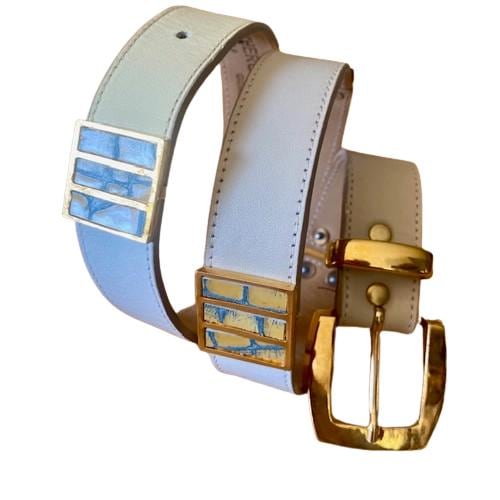 Leatherrock Belt Vintage off White Enamel Hinges Brass Tone  display picture 1