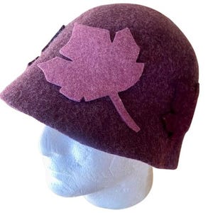 Wool Cloche Bucket Style Hat Purple with Purple and Lavender Fall Leaves Made in Italy