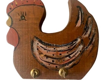 Gancho de pared de madera con forma de pollo, hecho a mano y pintado a mano, decoración de estilo rústico.