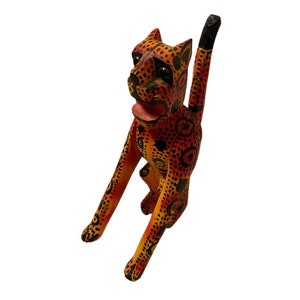 Folk Art Cheetah Jaguar Leopard Figurine Wood Hand Carved Hand Painted Green Marble Eyes Outsider Art Primitive