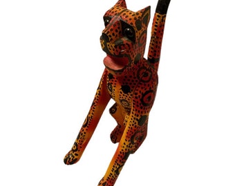 Folk Art Cheetah Jaguar Leopard Figurine Wood Hand Carved Hand Painted Green Marble Eyes Outsider Art Primitive