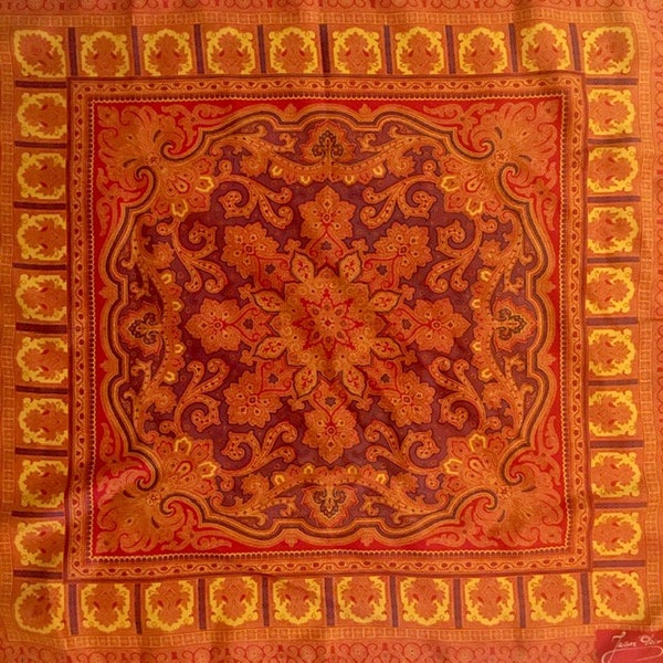 Scarf Jean Daix Silk Vibrant Color Red Orange Purple Paisley Square