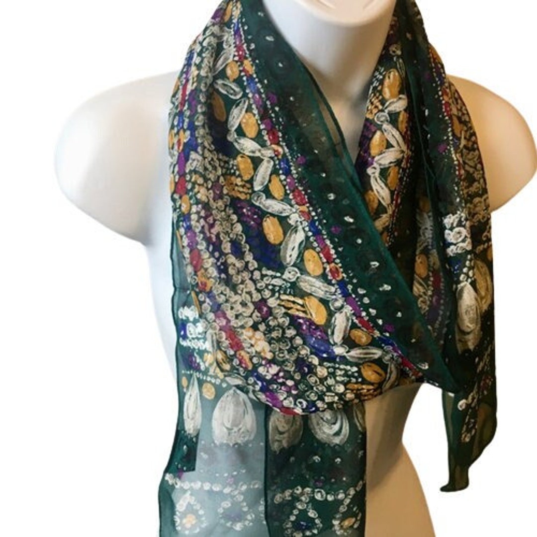 Silk Scarf Carole Little Necklace Print Jewel Tones Oblong