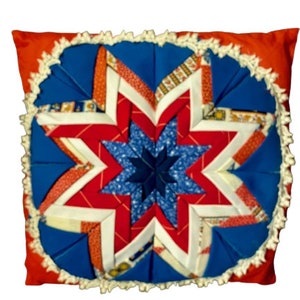 Quilted Star Design Throw Pillow Red Blue White Gold Mini Prints Vintage Handmade Accent Pillow Cottage Country Farmhouse Decor
